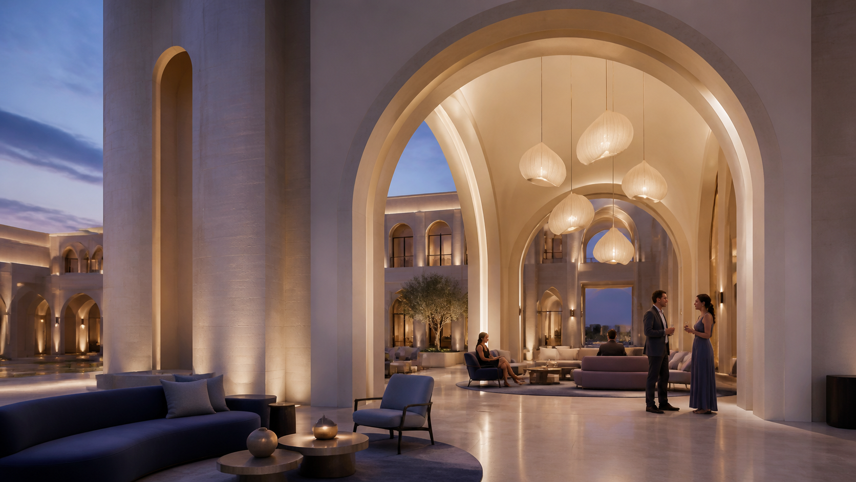 Bluebell Arc's illuminated arched courtyard